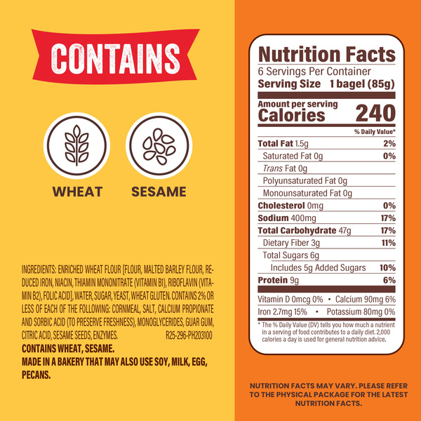 Thomas' 9g Protein, Kosher Plain Bagels, 6 count, 18 oz, Bag | Hy-Vee ...